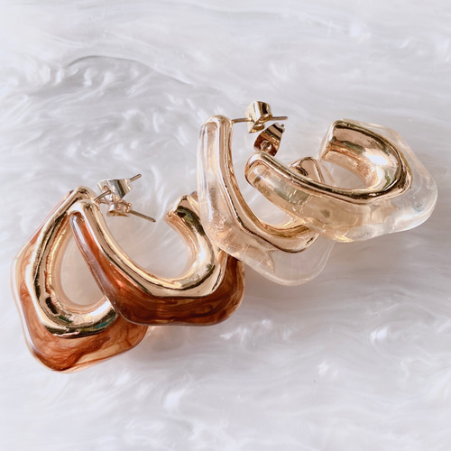 ピアス【ブラウン】クリア フープピアス 大ぶり 琥珀 ブラウン