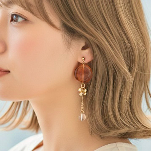 ピアス【ブラウン】クリア フープピアス 大ぶり 琥珀 ブラウン 茶色