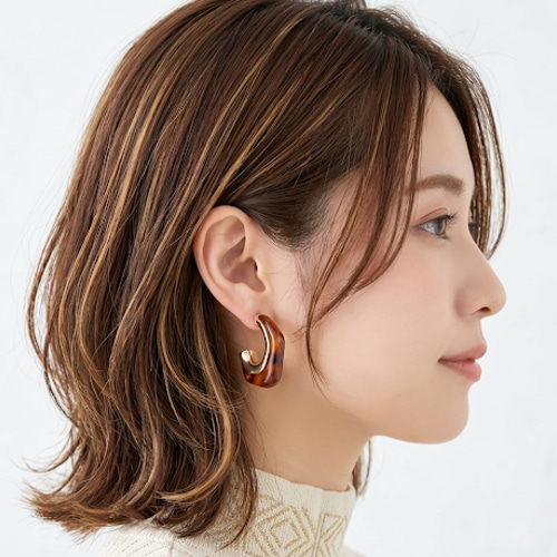 14kgfハンドメイドピアス 秋色ブラウンシェルの透かしリーフ ピアス【ブラウン】クリア フープピアス 大ぶり 琥珀 ブラウン 茶色