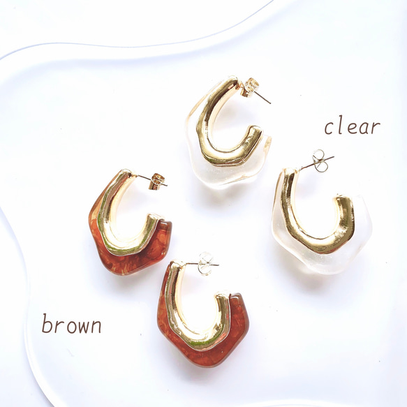 ブラウン】クリア フープピアス 大ぶり ピアス べっ甲 風 ピアス  