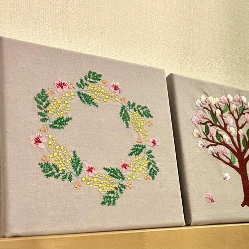 専用✤handmade刺繍ミモザリースいっぱいのファブリックパネル⚘ハンドメイド 専用✤handmade刺繍ミモザリースいっぱいのファブリックパネル