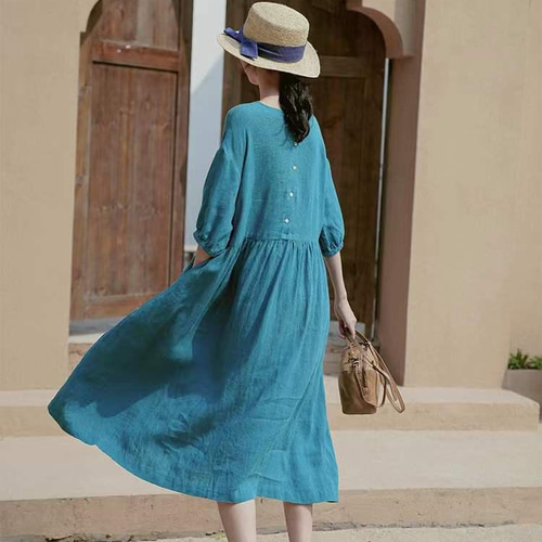 リネン/麻100%】リラックスのホームワンピース ウエスト切替【春夏秋