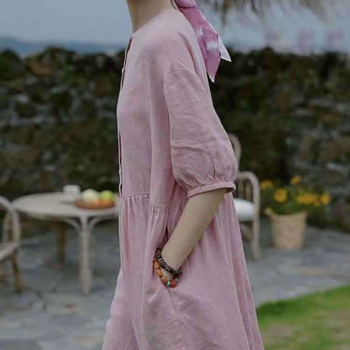 リネン/麻100%】リラックスのゆったりめロングワンピース ウエスト切替