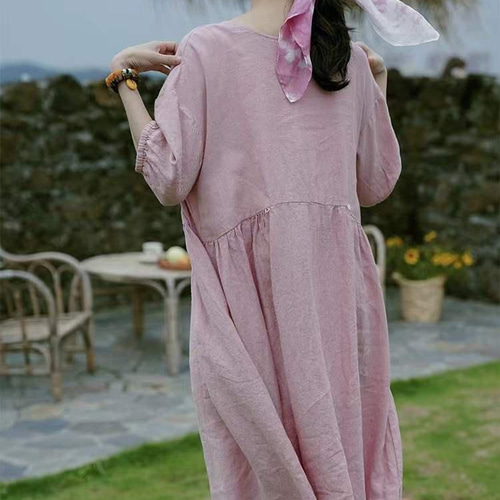 fog linen work リネンロングワンピース/ピンク 美品フォグリネン