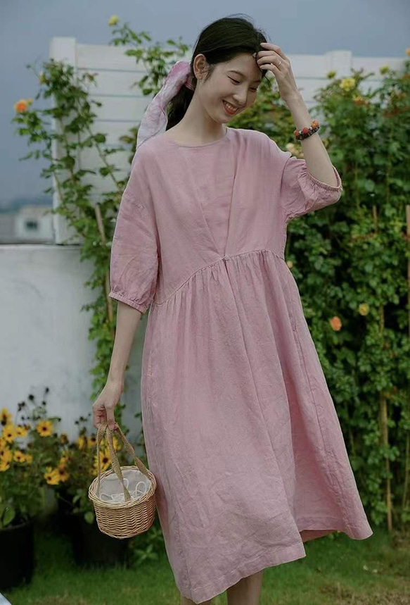 リネン/麻100%】リラックスのゆったりめロングワンピース ウエスト切替
