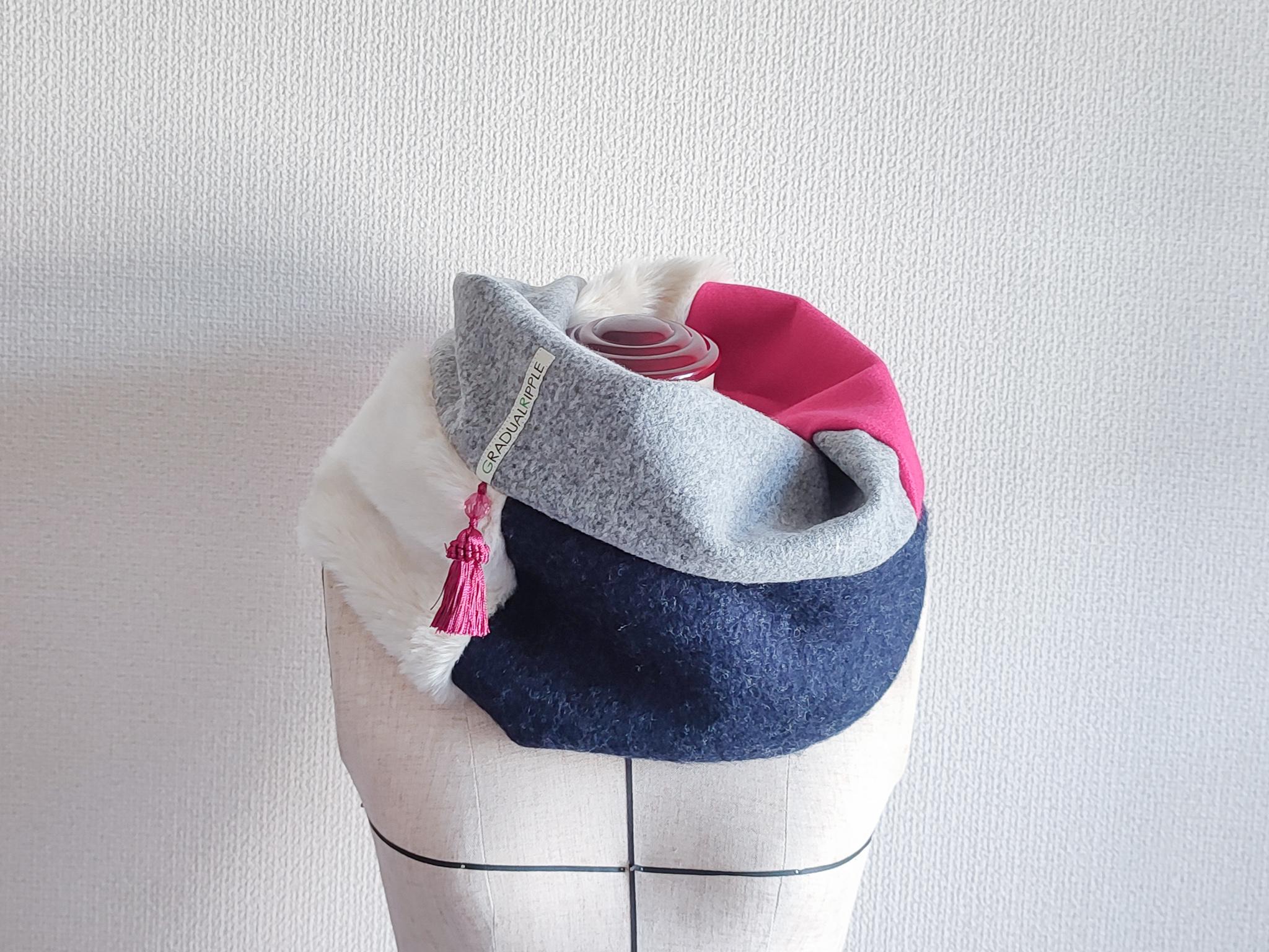 【ピンク×グレー・ネイビーとホワイトファーのスヌード】