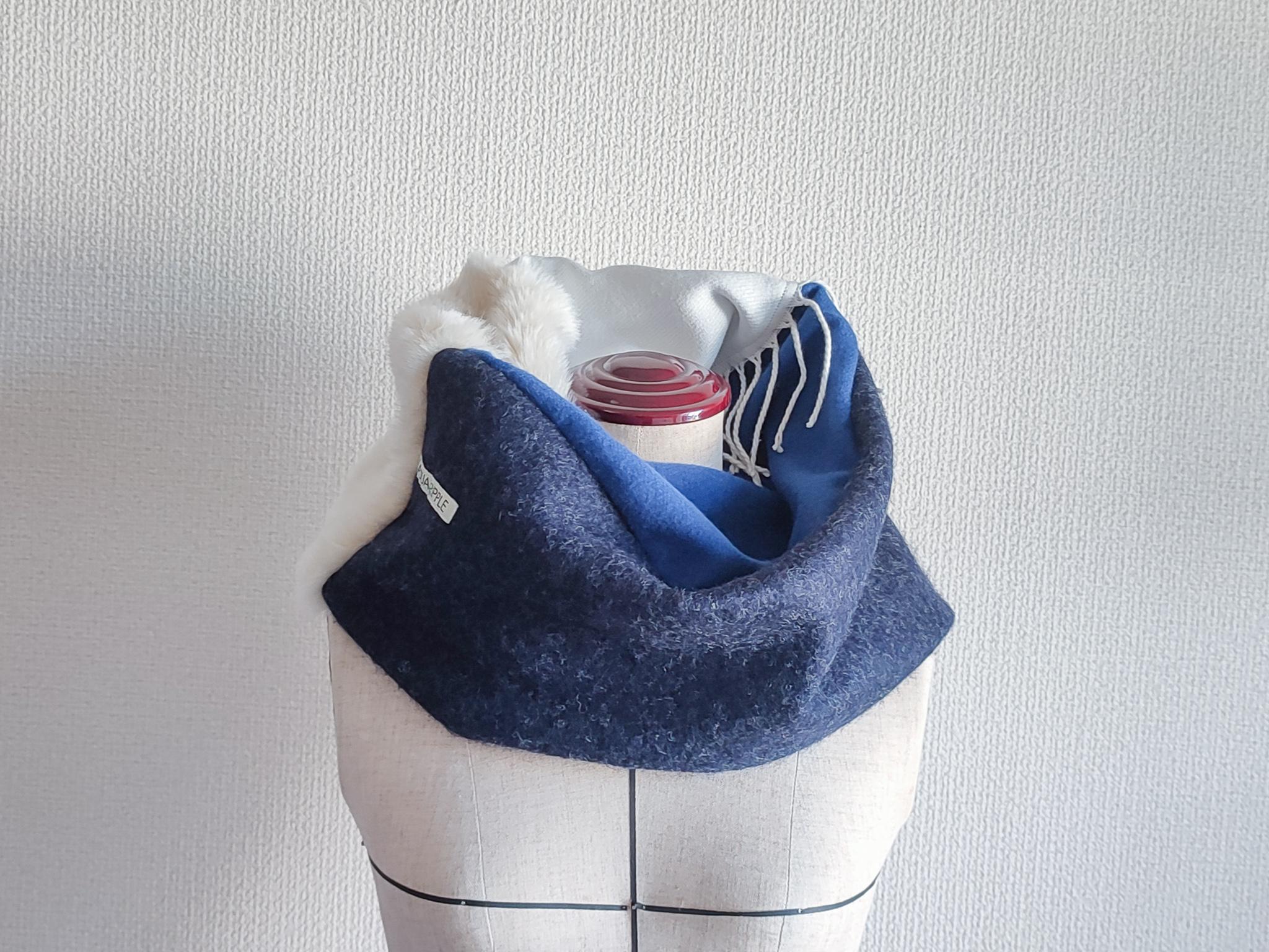 【ホワイトフリンジ×ブルー・ネイビーのスヌード】