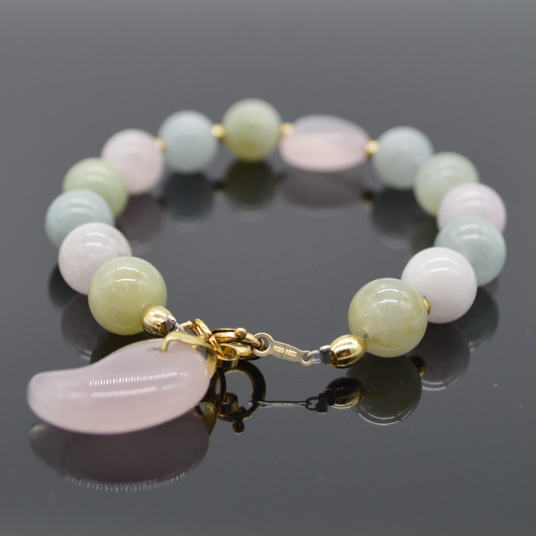 ミックスベリル＆ローズクォーツ／ハート＆チャームブレスレット（天然石）