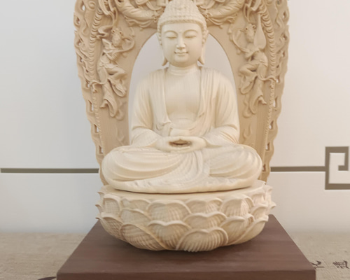 工芸美術大師　虞定良作　木彫　釈迦如来像　仏像　観音開逗子付　D　R5080 工芸美術大師 虞定良作 木彫 釈迦如来像 仏像 観音開逗子付 D