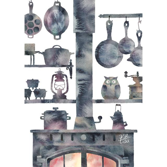 「薪ストーブと仲間たち」　薪ストーブ　炎　調理器具　ランタン　コーヒーミル　フクロウの置物　イラスト 1枚目の画像