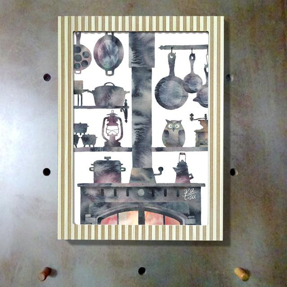 「薪ストーブと仲間たち」　薪ストーブ　炎　調理器具　ランタン　コーヒーミル　フクロウの置物　イラスト 3枚目の画像