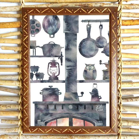 「薪ストーブと仲間たち」　薪ストーブ　炎　調理器具　ランタン　コーヒーミル　フクロウの置物　イラスト 2枚目の画像