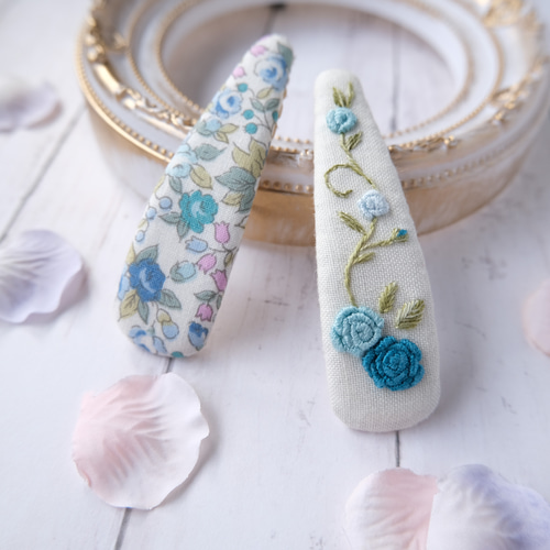 バラ刺繍パッチンピン♡ヘアゴム2点セット