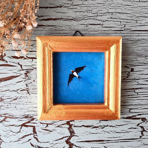 小さな風水画「燕B」油彩・原画・壁掛け専用・金縁額装 絵画 かいがの