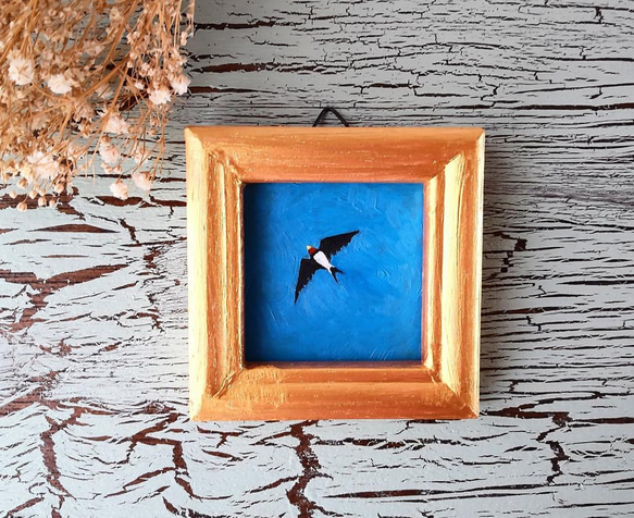 小さな風水画「燕B」油彩・原画・壁掛け専用・金縁額装 絵画 かいがの