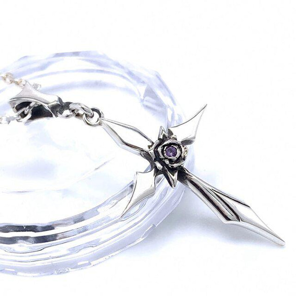 アメジストが入った薔薇と十字架のネックレス/シルバー925/つけっ