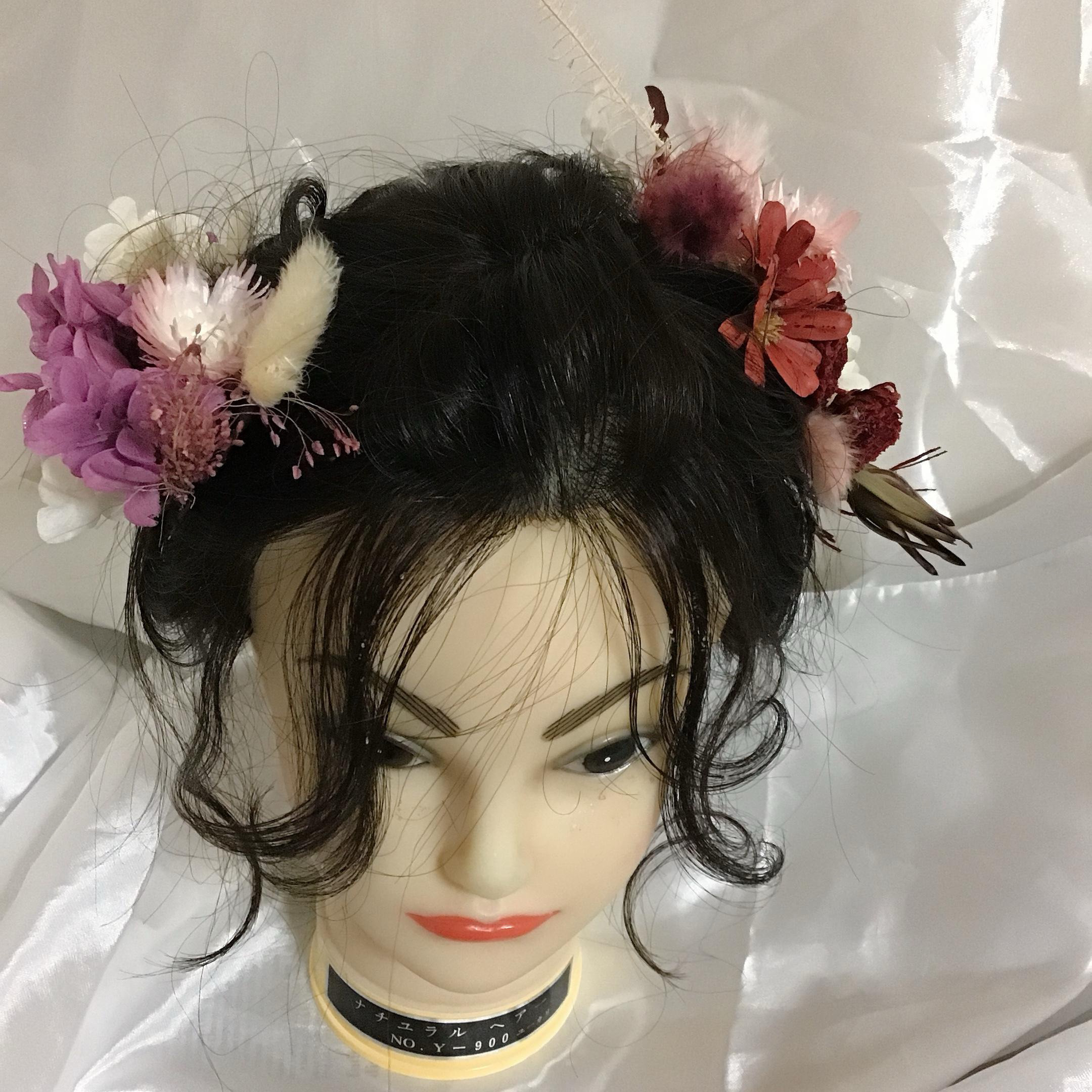 ヘアドレス❤︎赤❤︎大人アンティークけれど可愛い❤︎和装にも似合う赤紫ピンクの組合せ❤︎和装にもドレス、成人式にも❤︎