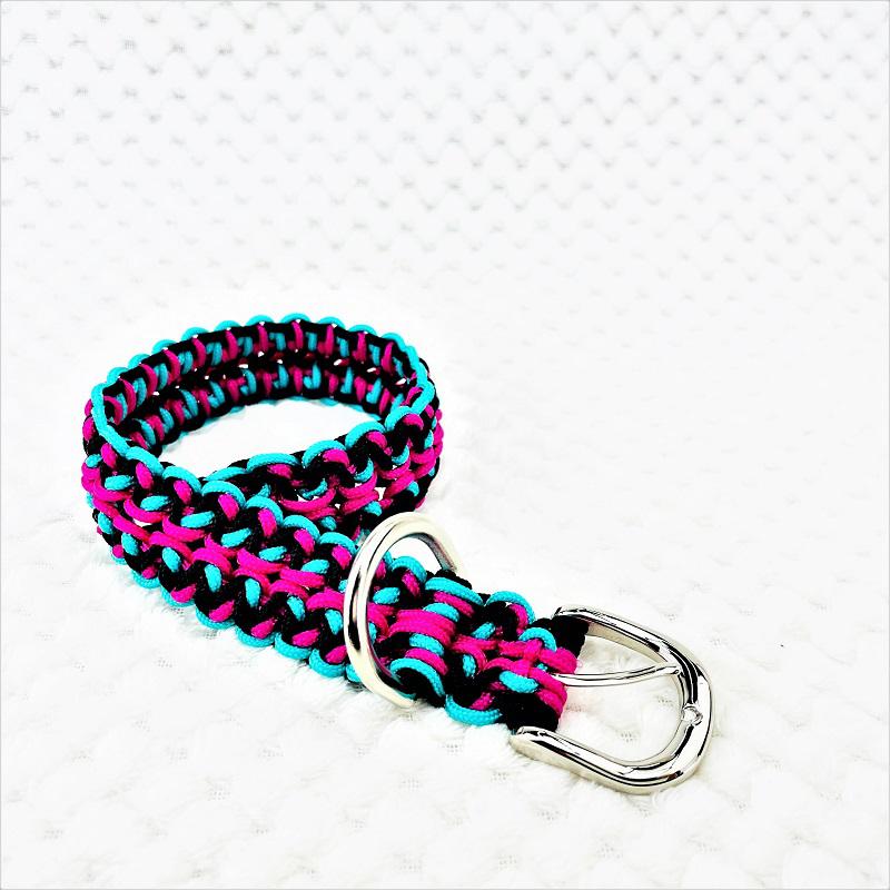 [公式]パラコードマクラメ編み＃142No172ピンク黒エメラルドグリーン小型犬用首輪