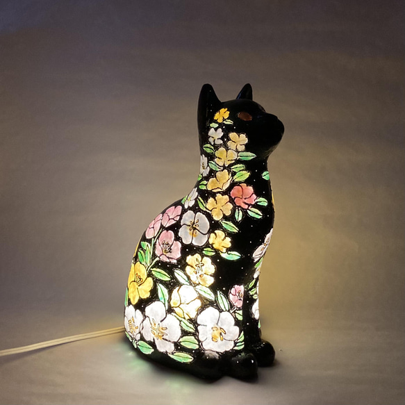 猫型ランプシェード (黒猫　月見草) 6枚目の画像
