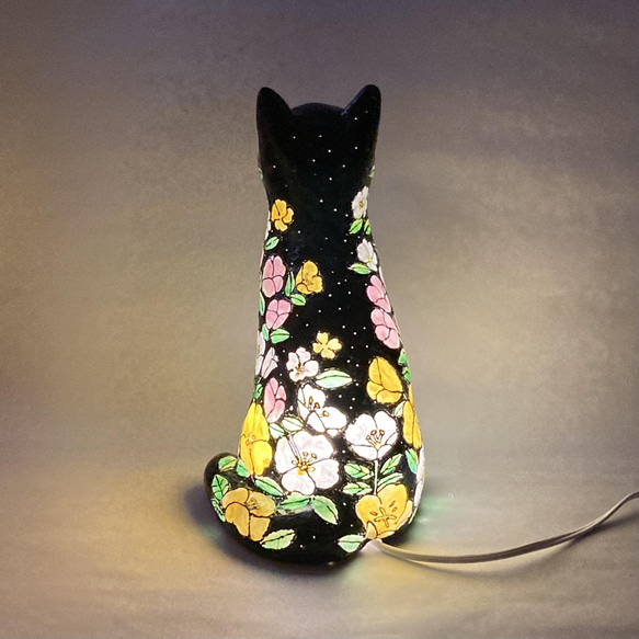 猫型ランプシェード (黒猫　月見草) 5枚目の画像