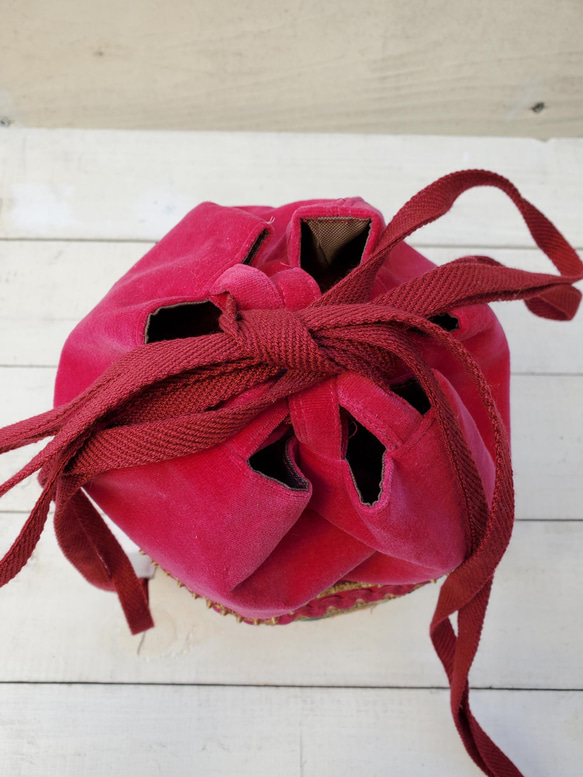 世界にひとつの巾着バッグ　フューシャピンク　別珍 3枚目の画像