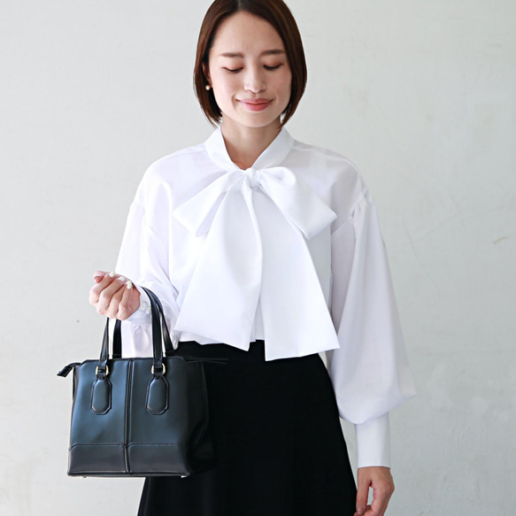 式典〜普段着も◎　前後2Way ふんわりボウタイ ブラウス シワになりにくい ホワイト 0453WH 1枚目の画像