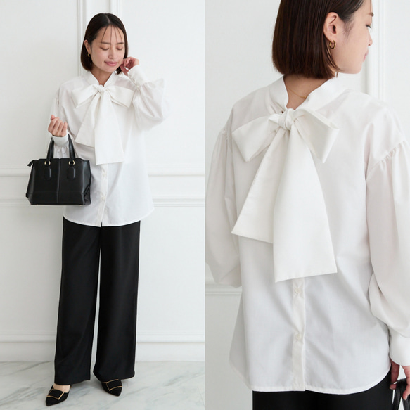 ポワ　pois airy 2way blouse 白　タグ付き 式典〜普段着も◎ 前後2Way ふんわりボウタイ ブラウス シワになり