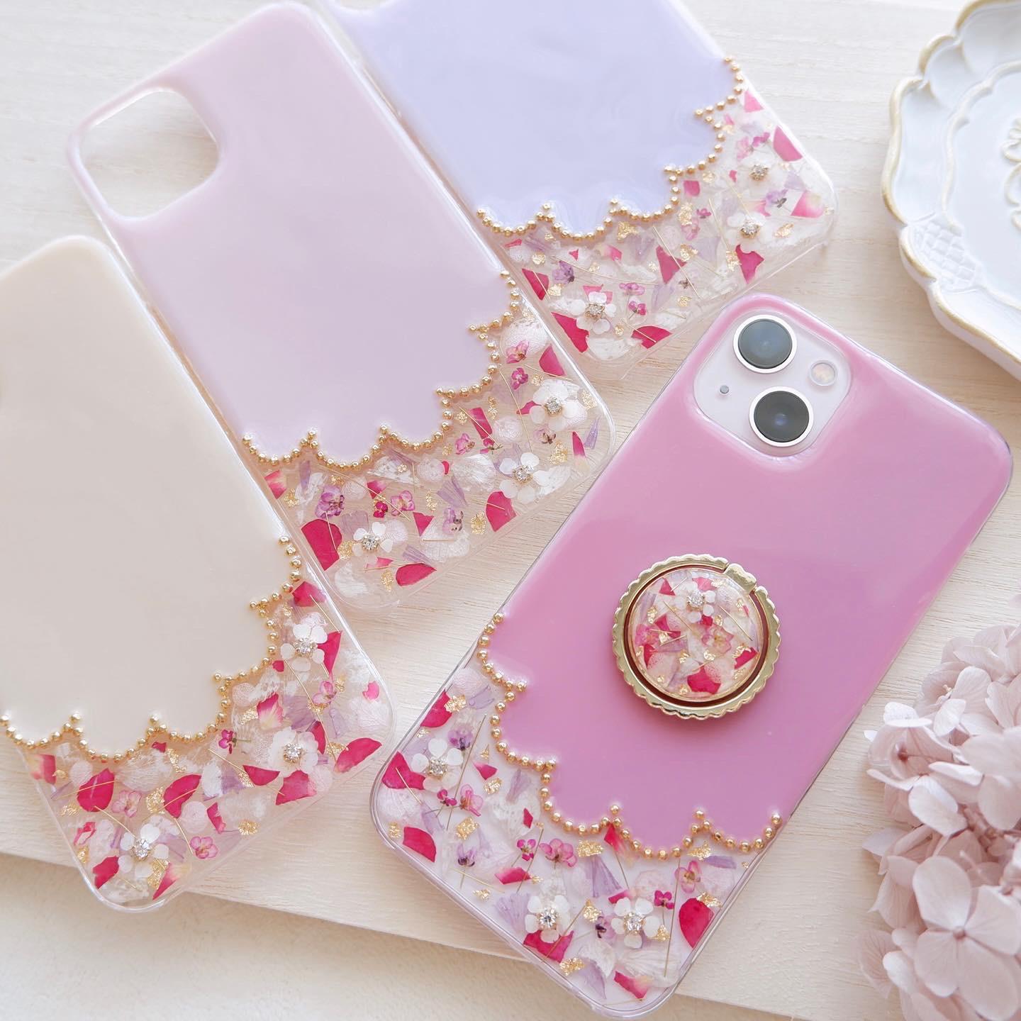 ❁スマホリング選択❁ クラッシュフラワーのスカラップ❁.*･ﾟ押し花iPhoneケース 【※iPhone専用ページ】