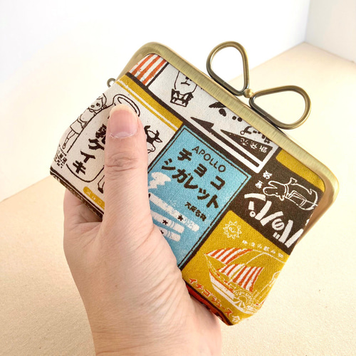 ハンドメイド 親子がま口お財布 イエローキャメル 帆布黄色》カードポケットつき親子がま口（お財布）たっぷり