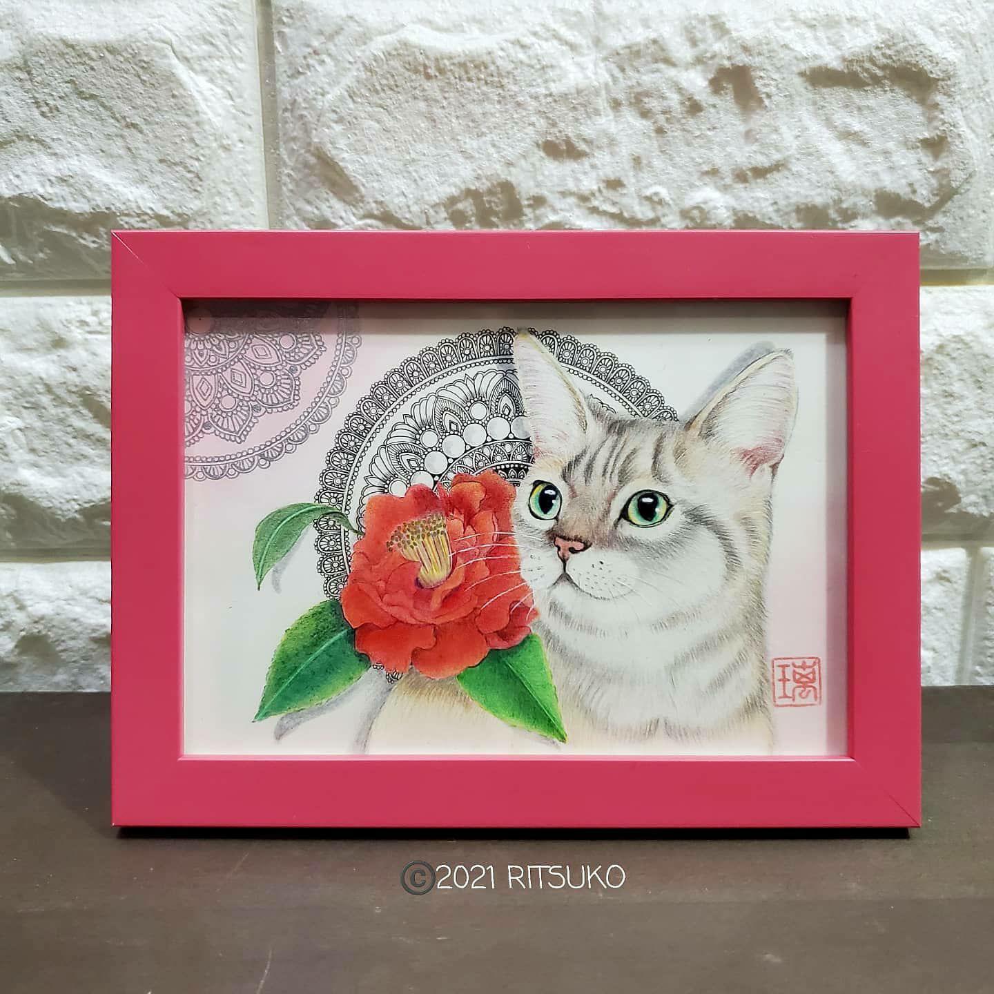 原画 1点もの 額装付き 色鉛筆画 ボールペン画 日本人作家 猫の