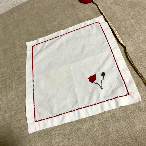 フランスビンテージカクテル刺繍ナプキン赤い花 5枚目の画像