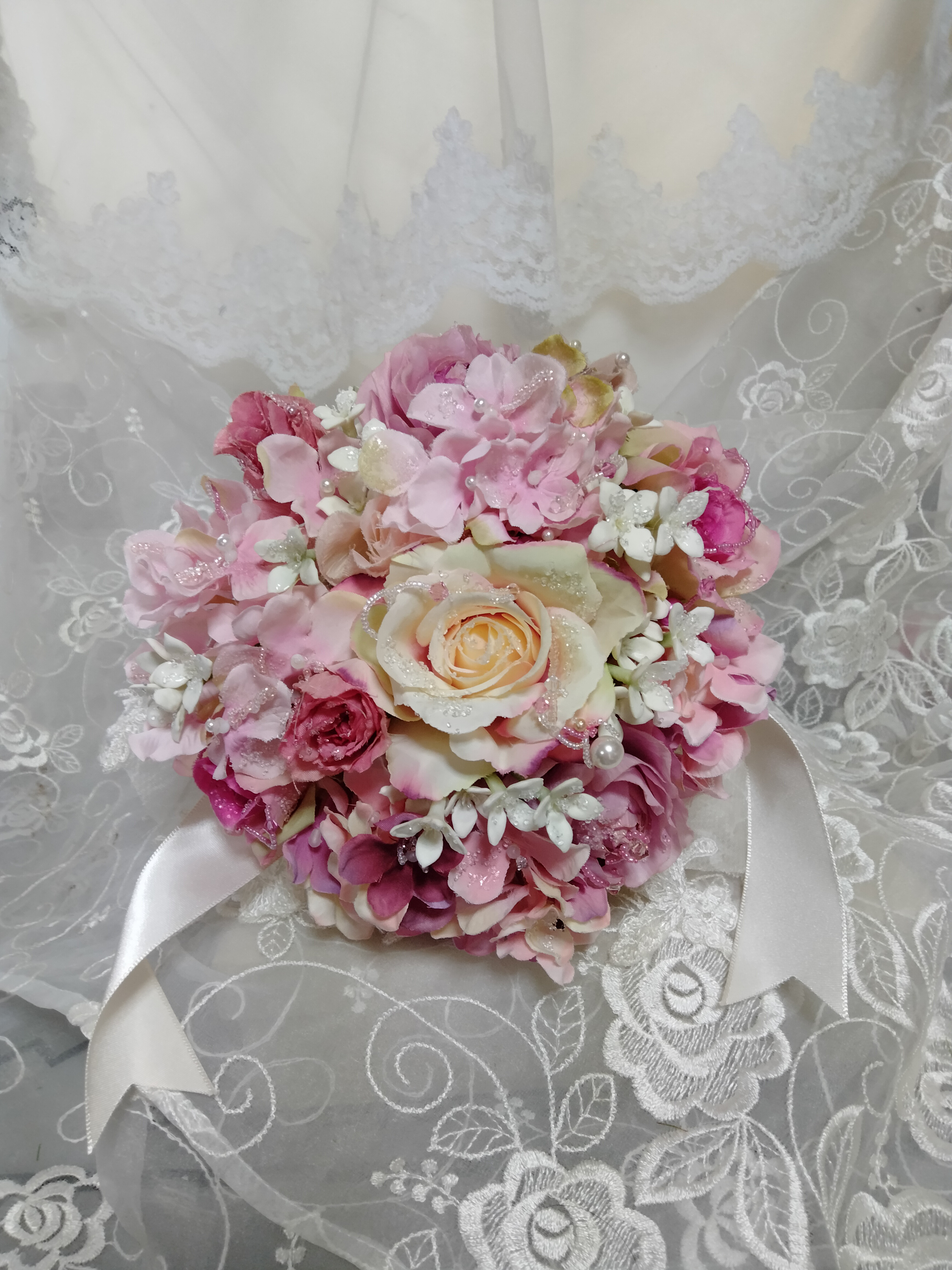 キラキラのウエディングブーケ☆ソフトピンク薔薇と紫陽花