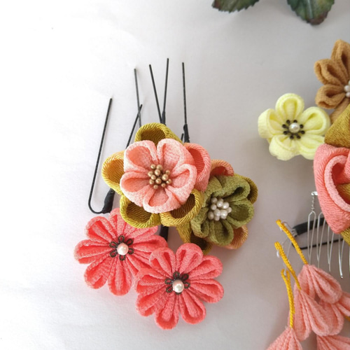 ハンドメイドうめ つまみ細工髪飾り #18-75 桃花（とうか） コーム mameまめ工房