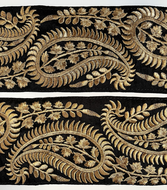 【50cm】インド刺繍リボン　ブラックxゴールド　ペイズリー　シルク　SS319 3枚目の画像
