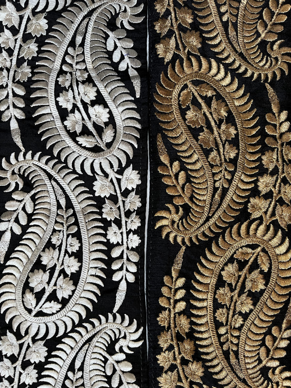 【50cm】インド刺繍リボン　ブラックxゴールド　ペイズリー　シルク　SS319 8枚目の画像