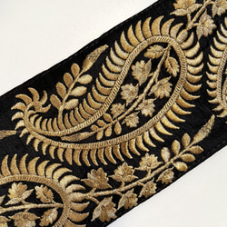 【50cm】インド刺繍リボン　ブラックxゴールド　ペイズリー　シルク　SS319 4枚目の画像
