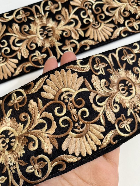 【50cm】インド刺繍リボン　ブラックxブラウン　シルク　SS321 6枚目の画像