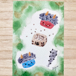 透明水彩画「鬼退治(節分)」3枚セット イラスト ポストカード 豆まき