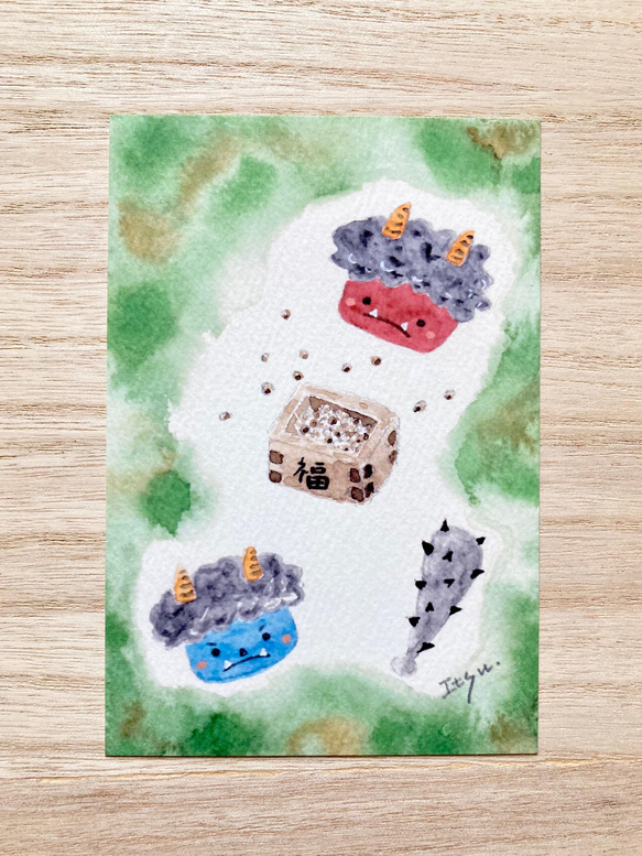 透明水彩画「鬼退治(節分)」3枚セット イラスト ポストカード 豆まき