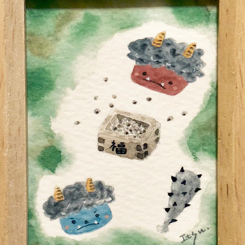透明水彩画「鬼退治(節分)」イラスト ミニ額 プチギフト 豆まき オニ