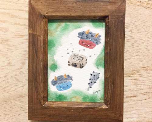 透明水彩画「鬼退治(節分)」イラスト ミニ額 プチギフト 豆まき オニ