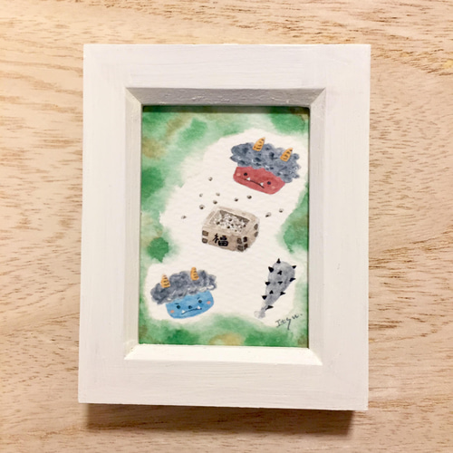 透明水彩画「鬼退治(節分)」イラスト ミニ額 プチギフト 豆まき オニ