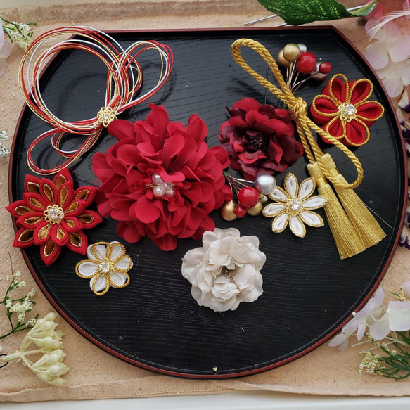 つまみ細工髪飾り 花飾り 紐　ロープアレンジ　水引　 卒業式 成人式 七五三 つまみ細工髪飾り 花飾り 紐ロープアレンジ水引 卒業式 成人式