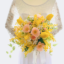 ミモザ、ミモザブーケ、チューリップ、春色、ウェディングブーケ