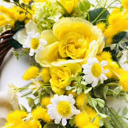 再販　ミモザと薔薇のハーフリース　誕生日　プレゼント　アーティフィシャルフラワー　結婚祝い　ウェルカムリース　黄色　春 4枚目の画像