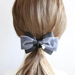 ベロア×グログランリボン グレー×黒 パール＆ラインストーン付 リボン