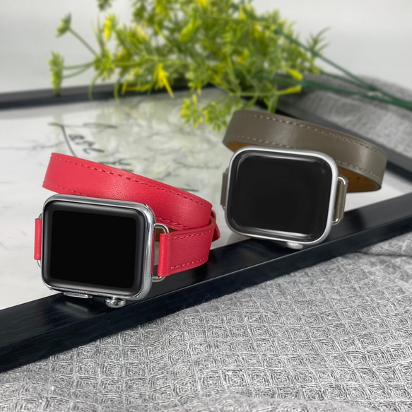 Apple Watch 蘋果錶帶 6色紅色雙環真皮錶帶 第3張的照片