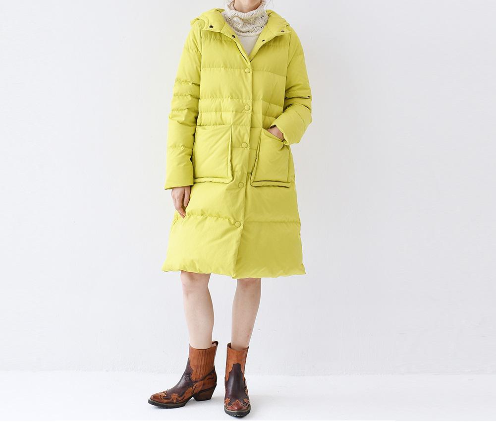 【L】ダウン95%　フード付き大きなポケットデザイン的大人可愛いロングダウンコート♪