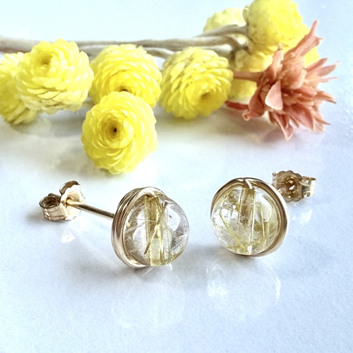 14kgf◇ゴールデンルチルクォーツ×アンデシンのピアス◇天然石 14kgf