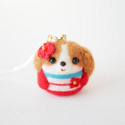 キャバリア 根付 ストラップ 【受注製作】 羊毛フェルト 犬のマスコット 着物 お出かけに 1枚目の画像
